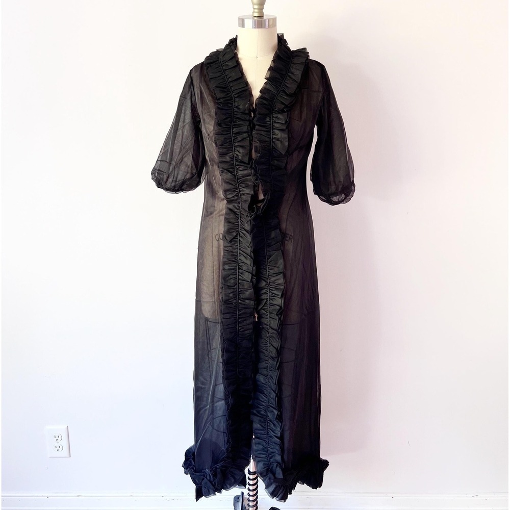 SIZE XS Hollywood Vassarette Robe Black Sheer Ruffle Trim 1960s Glamor Goth